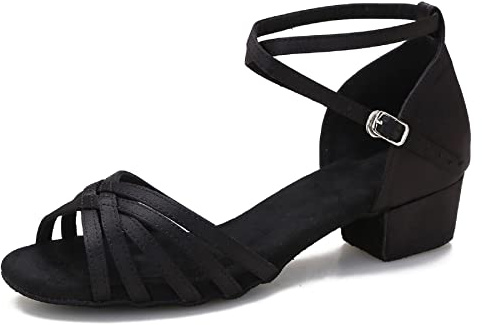 Yokala Ballroom Latin Salsa Dance Shoes Women Low Heel Practice Dancing Sandals for Social Dance Beginner S04 (12,Black-1.5 Inch Heel)