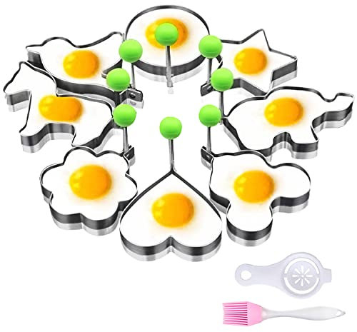 SJUNJIE 8 Pezzi Stampi per Uovo Fritto in Acciaio Inossidabile Stampo per Frittata Antiaderente Anello per Uovo con Pennello e Separatore di Albume d'uovo Adatto per cucinare frittate in cucina