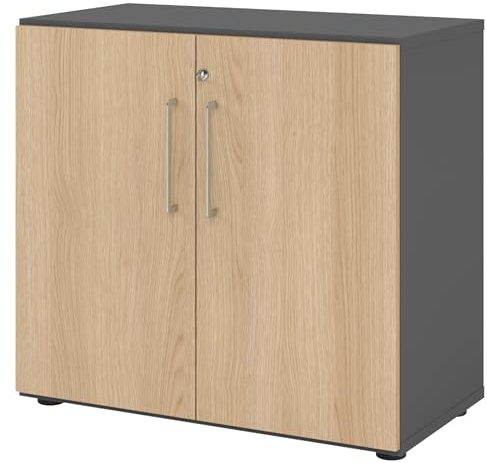 bümö Aktenschrank abschließbar, Büroschrank Holz 80cm breit in Graphit/Eiche - abschließbarer Schrank mit Aktenregal für's Büro & Arbeitszimmer, Büro Möbel Ordnerschrank mit Schloss