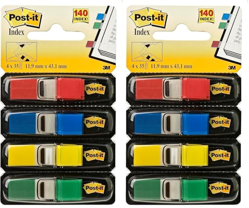 Post-it Index Flags schmal, Packung mit 4 Spendern, 35 Blatt pro Spender, 11, 9 mm x 43, 2 mm, Gelb, Rot, Grün, Blau - Zum Markieren, Hervorheben oder Farbcodieren wichtiger Informationen