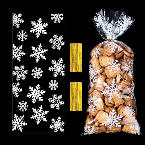 BBLIKE 120 Cellophantüten weihnachten, kekstüten weihnachten, plätzchentüten mit 120 Bindebänder Zellophantüten transparent kekstüten für Schokolade plastiktüten Bonbons Kekse (Schneeflocke)