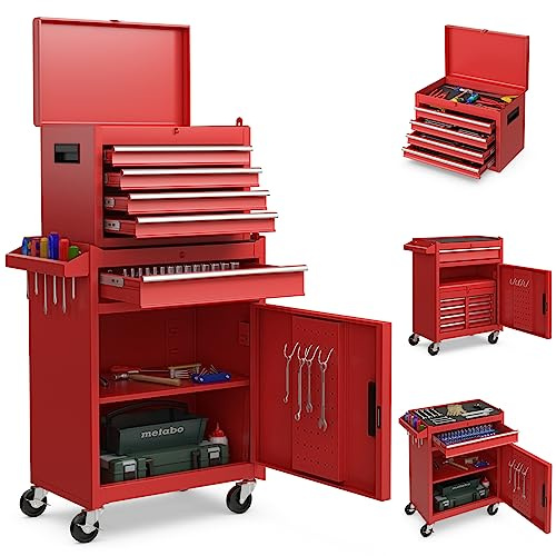 COSTWAY Cassettiera Portautensili a 4 Cassetti, Carrello per Attrezzi con Ruote Bloccabili Ripiano Regolabile e Rivestimento Antiscivolo, 59 x 28 x 102 cm (Rosso)