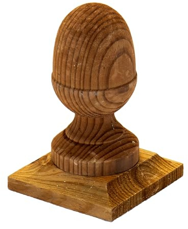 Timber Wooden Fence Post Cap with Acorn Finial Design 100x100mm – Fits 3x3 (100x100mm) Square Posts, Tanalised Pressure Treated EU Wood, Overhang for Improved Protection (Brown Stain)