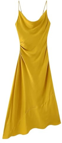 Robe longue à ourlet asymétrique pour femme - Robe longue en satin - Col bénitier - Robe de soirée, jaune, M
