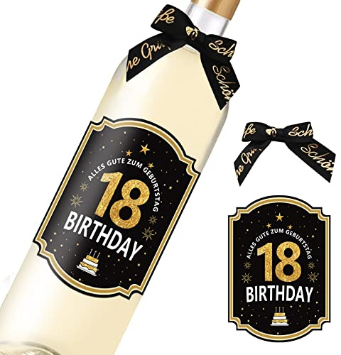 18. Geburtstags-Flaschenetikett; Happy Birthday Etikett für Sekt- & Weinflaschen selbstklebend; Geburtstags-Geschenk für Männer & Frauen (8.5 x 10.5 cm)-Weinflaschenaufkleber-Alles Gute zum Geburtstag