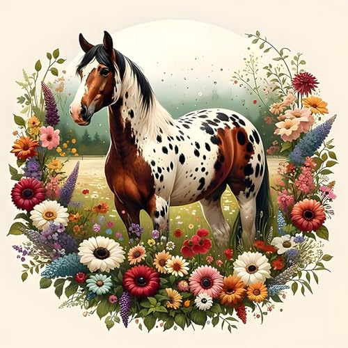 DOMROM Pferd Diamond Painting Kits für Erwachsene, 5D Tier Diamant Painting Set, DIY Blumen Diamond Art Kits Full Drill Gem Digitales Diamant Gemälde Stickerei für Gift Home Wall Decoration 30x30cm