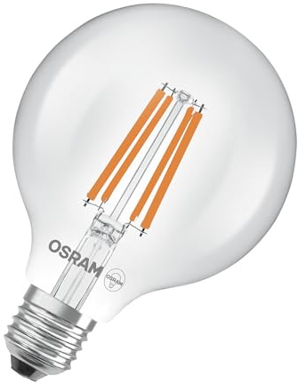 Osram nella classica forma Edison, con filamento LED decorativo, classe di efficienza energetica A, E27, 5 W, 1055 lm, 2700 K, bianco caldo. luce immediata al 100%. Sfarfallio basso.