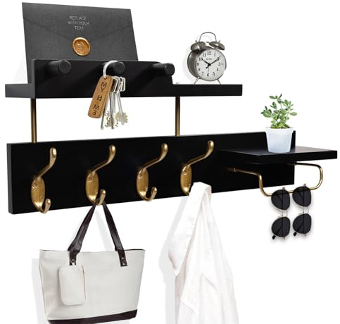 Lampaggio Coat Rack Wall Mount with Shelf, 4 in 1 Wood Coat Hooks with Key and Mail Holder, 17 Inch Entryway Hanging Shelf with Sunglasses Holder and 4 Metal Hooks for Clothes Hats Bag, Black