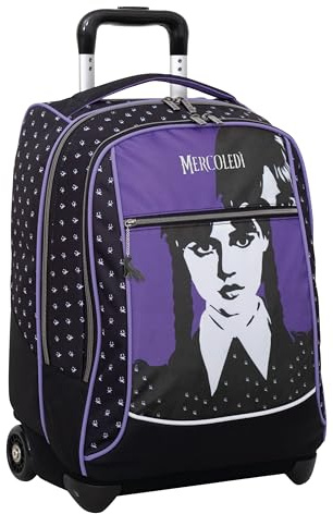 Seven Schultrolley Big – Mittwochs Addams Lila und Schwarz – Rucksack mit Doppelfach, Trinkflaschenhalter – Rucksack Trolley für Grund- und Mittelschule, violett, Taglia Unica, Klassisch