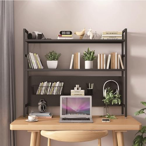 KUANGGE Estantería de Escritorio de 2 Niveles para Libros, estantería para Ordenador de sobremesa con Tablero Perforado, estantería de Metal Multiusos, estantería Ajustable para Oficina, para dormit