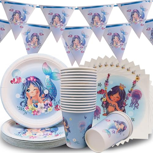 Mermaid Party Tableware Set, Mermaid Birthday Decorations Set, Mermaid Birthday Party Paper Plates Cups and Napkins Chain of Triangular Flags for Mermaid Party Supplies(20 Guests)