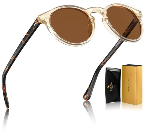 CARFIA Rund Sonnenbrille Herren Polarisiert Vintage Acetat-Rahmen | UV400-Schutz, Für Fahren Reisen Alltag Outdoor,Einteilige Nasenauflage，Bequem mit Brillenetui，Ideal als Geschenk
