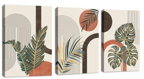 3 Pcs Quadri Boho Beige Botanico Foglie Stampa su Tela Con Cornice Quadro AMetà secolo Piante Linea Geometrico pittura su tela poster da parete Decorazione Murale Soggiorno Camera da letto 30x40cmx3