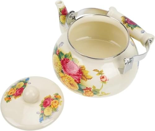 Teekanne mit Sieb, Teebereiter, 2,5 l, Pfeifkessel for den Herd, emaillierte Wasserkanne mit Blumenmuster und Griff, Wasserkocher mit flachem Boden, warmes Retro-Design, klassisches Design, 2,5 l