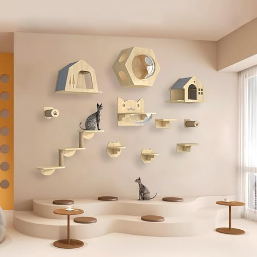 KEJIAWU Kletterwand Katzen Holz, Katzen Kletterwand, Katzenregale und Sitzstangen for die Wand, Platzsparende DIY-Katzen-Kletterwand zum Klettern, Schlafen und Spielen(11PCS)