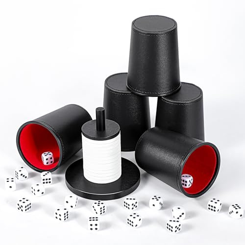 X SIM FITNESSX Schocken + Würfelbecher Set, 5 Würfel mit Becher + 25 Punktwürfeln + Schockbesteck Holz für Jule Meiern Maxen Mörkeln (5xSchwarz Rot+Schocken)