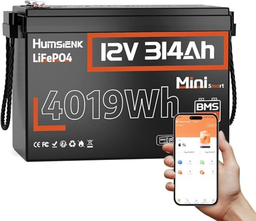 Humsienk 12V 314Ah LiFePO4 Lithium Batterie mit Bluetooth Integriertes 200A BMS, 4000-15000 Zyklen 4019Wh Nutzbare Energie, Perfekter Ersatz für AGM Gel Batterie für Wohnmobil, Solar System
