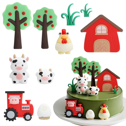 Farm Theme Cake Toppers 10pcs - Tractor, Cow, Chicken, Barn, Tree Figures - Reusable Silicone Animal Cake Decorations for Kids Birthday Party or Baby Shower