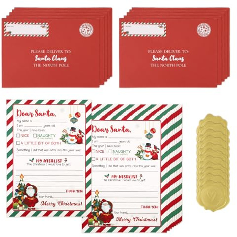 Fukaisu 10 Brief an den Weihnachtsmann Schreibset, 12,7x17,7cm Papierbögen mit Rotem Umschlag & Siegelaufklebern Offizielle Weihnachtsbriefe Ausfüllbare Wunschliste für Artige Kinder