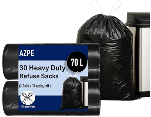 30 Heavy Duty Bin Bags 70 Litre with Drawstring, 2 Rolls of 15 for Neat Storage, Strong Black Bin Bags, Refuse sacks for Kitchen, Garden, Office Bin liners, Durable Garbage bags Value Pack