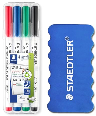 STAEDTLER Whiteboard Pen Lumocolor, Rundspitze ca. 1 mm Linienbreite, trocken und rückstandsfrei abwischbar von Whiteboards (Rot, Blau, Grün, Schwarz, 1 stück (4er Pack) + Remover)