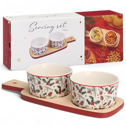 MIJOMA Servierset Weihnachten 3-teilig – Porzellanschalen mit Weihnachtsmotiv & rotem Rand – Holztablett mit Griff – Festliches Tischset für Dips & Snacks