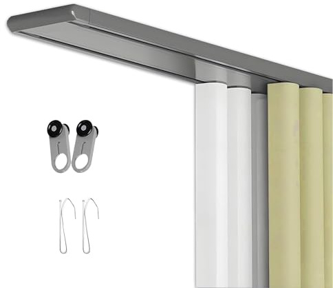 Barra de cortina de aluminio de 2 vías de 1 a 6 m, montaje en techo, con rodillos silenciosos y ganchos plisados, fácil instalación, divisor de habitación (gris, 2,4 m)