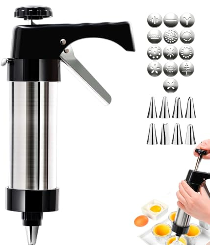ComedyKing Gebäckpresse Edelstahl, Spritzgebäck Maschine, Plätzchenformen Backzubehör, Plätzchen Presse, Multifunktionale Spritzgebäck Maschine, 13 enthaltene Form-Discs und 8 Spritztüllen (Schwarz)