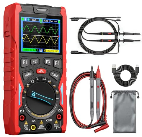 2-Kanal Handheld Oszilloskop 3-in-1 Digitaloszilloskop Multimeter | Mit 70MHz Bandbreite, 200MSa/s Abtastrate, 20000 Counts, Typ-C Schnellladung, Rot, Signalgenerator für Elektroniker