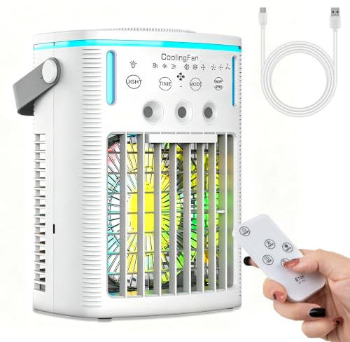 Portable Air Cooler,Mini Mobile Air Conditioner, 3 Speeds&3 Mist Modes, 2-8H Timer, RGB 7 LED Light, 1000ml Water Tank, USB Powered Remote Control,Cooling Fan for Bedroom Office Home Travel