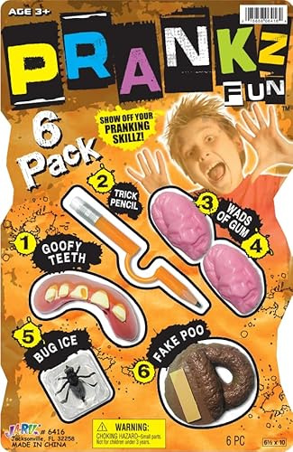 JA-RU Pranks Kit for Kids Gags Toys (1 Set) 6 Different Cool Stuff Scary Prop Set. Prankz Gaging Fun Pranking April Fools Bag Gifts Party Favor Stocker 6416-1p