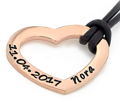 Herzanhänger rosevergoldet und Lederkette, Herzkette mit Wunschgravur, personalisierte Partnerkette