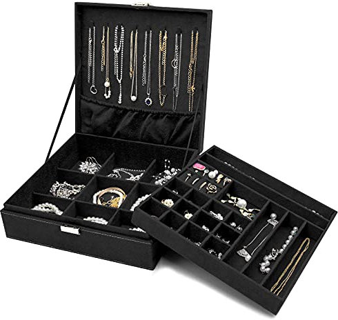 ProCase Schmuck Kästchen Organizer für Frauen, Zwei Schicht Schmuck Display Aufbewahrung Koffer mit 8 Halsketten Bügeln und herausnehmbarem Trennsteg für Ohrringe Armbänder Ringe -Schwarz