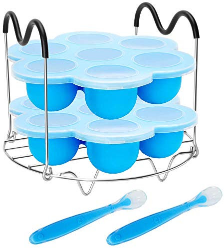 Accessori per pentola a pressione con stampi in silicone per uova e vaporiera sottopentola con manici resistenti al calore per pentole istantanee da 6 litri, 3 pezzi con 2 cucchiai in omaggio (blu)
