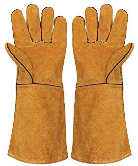 FZTEY High Temperature Gloves, Stove, Fireplace Welders Ultimate Thermal Fire, Cut, Knife Resistant Safety Work Protective Leather Gauntlets For BQQ, Welding, Oven, Grill, Mig Gardening (Yellow)
