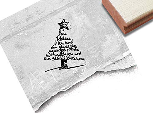 Stempel Weihnachtsstempel Frohe Weihnachten und ein glückliches neues Jahr, Baum - Textstempel Karten Geschenkanhänger Weihnachtsdeko - zAcheR-fineT (klein ca. 38 x 49 mm)