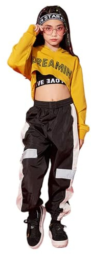 LOLANTA 3Pcs Girls Hip Hop Dance Costume Niños Street Dance Clothes Set Sudadera Corta con Capucha, Camiseta sin Mangas, Pantalones Reflectantes, Amarillo, 8-9 años, 140