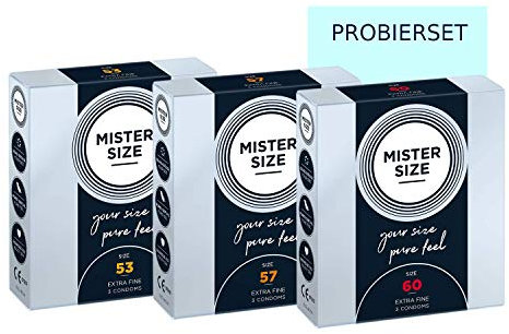 MISTER SIZE Condones muy delicados al tacto (53-57-60) 3x3 Juego de prueba/extra fino, extra húmedo/hecho de látex de caucho 100% natural de su talla M - XL