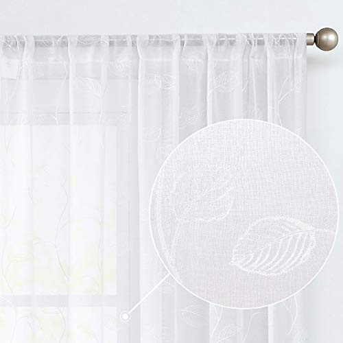 TOPICK Vorhang Gardine Wohnzimmer lichtdurchlässig Weiß H245xB140H 2er Set | Sheer Vorhang Voile Stangedurchzug Blätter Stickerei Gardine lichtdurchlässig Blatt Vorhänge Gaze Paarig für Schlafzimmer