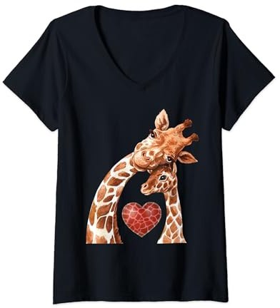 Femme Bébé et girafe maman chemise nouveau coeur maman girafe T-Shirt avec Col en V