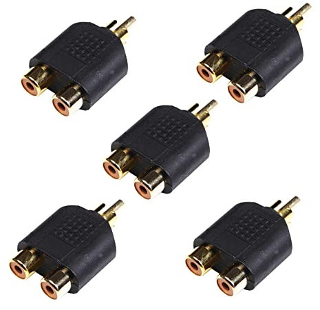 BRIEFCEC Lot de 5 répartiteurs RCA Y Adaptateur AV 1 mâle vers 2 femelle RCA femelle pour haut-parleur, récepteur, home cinéma (doré)