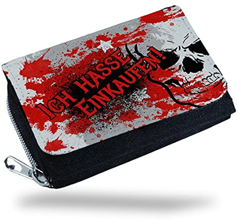 Fördeblau Provokative 'Ich hasse Einkaufen' Geldbörse – Vielfältiges Portemonnaie mit Totenkopf-Design, Ideal für Shopping-Muffel, Polyester, Handbedruckt, Kompakte Größe, Lustige Geschenkidee