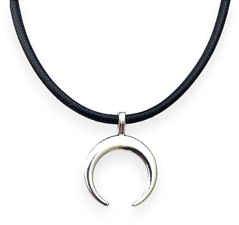 ASTER ALHELÍ - Umgekehrter Mond Halskette in Antikem Silber - Männlich-weiblicher Horn-Anhänger mit Gewachstem Schwarzem Lederband und Stahlverschluss - Ideal zum Verschenken