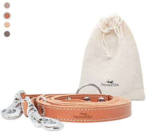FREUDENTIER Hundeleine aus Leder 2m, 3-Fach verstellbare Führleine, Handmade in EU, hochwertig und stilvoll, Amstelpark Kollektion (Cognac, 16mm breit)