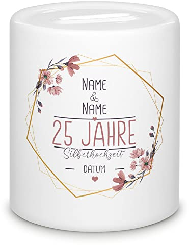Spardose Silberhochzeit - mit Name & Datum selbst gestalten - 25 Jahre Ehe, Geschenk Hochzeit, Hochzeitstag, Jubiläum, Jahrestag | Personalisierte Geschenke