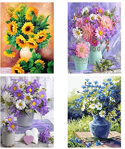 SupLetsico Diamond Painting Flowers, 4 Stück 5D Diamant Painting Blumen Bilder, Blume Diamant Painting Malerei für Erwachsene Full Drill DIY Kristall Set für Haus Wall Dekoration Geschenk(30x40cm)