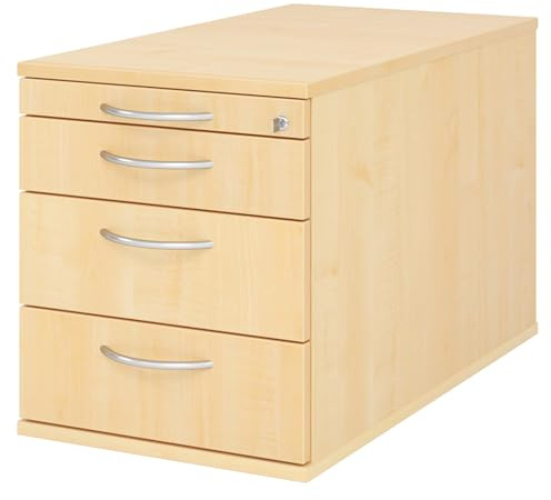 bümö Rollcontainer mit Schubladen, Container abschließbar aus Holz in Ahorn - Rollwagen für's Büro als Schreibtisch Unterschrank, Bürocontainer od. Schreibtischcontainer mit Bogengriffe