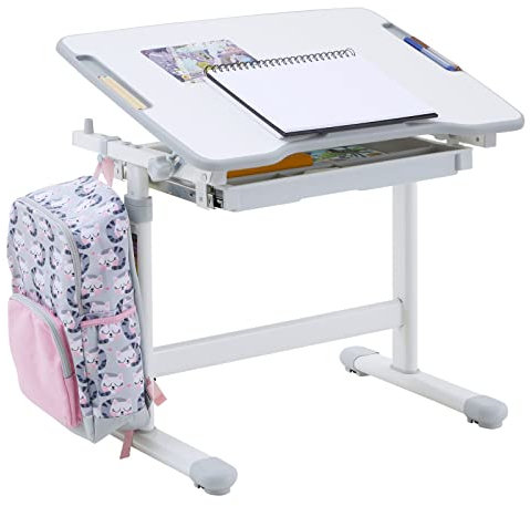 CARO-Möbel Kinderschreibtisch VITA weiß/grau höhenverstellbar und neigbar, Schreibtisch für Kinder mit Schublade, Tisch mit Rinne für Stifte und Rucksackhalterung