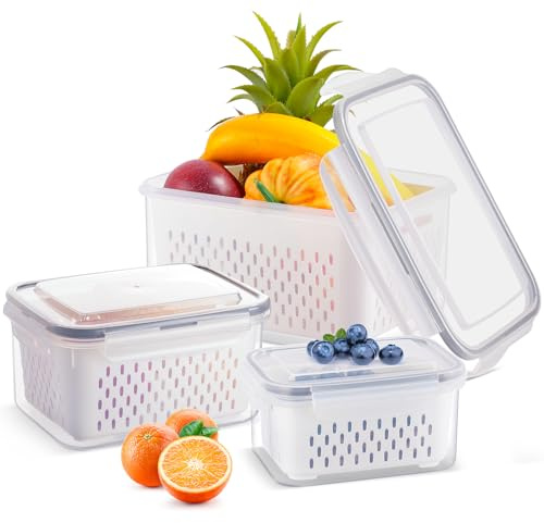 Esyhomi Fresh Food Storage Containers for Fridge, 3 Pack Stackable Fridge Storage Container, Fruit Vegetable containers with Drain Baskets, Refrigerator Organizer Bins with Lids for Kitchen