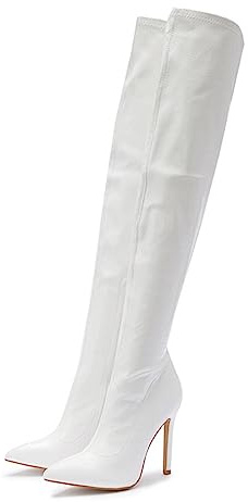 Damen-Stiefel aus Lackleder, PU, oberschenkelhoch, spitzer Zehenbereich, seitlicher Reißverschluss, modisch, bequem, sexy Stiletto-High-Heel, Overknee-Stiefel, Enge Lange Stiefel,Weiß,39